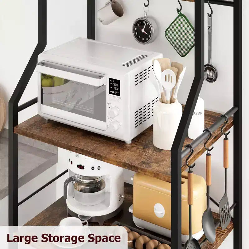 Scaffale da cucina a 5 ripiani indipendente con cestello in rete e piedini regolabili, nero/marrone/grigio