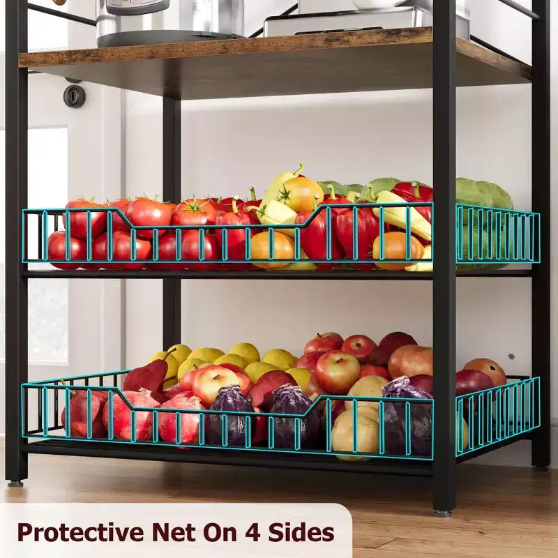 Scaffale da cucina a 5 ripiani indipendente con cestello in rete e piedini regolabili, nero/marrone/grigio