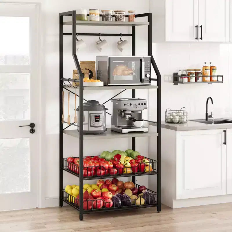 Scaffale da cucina a 5 ripiani indipendente con cestello in rete e piedini regolabili, nero/marrone/grigio