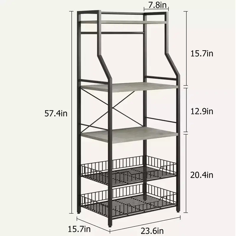 Scaffale da cucina a 5 ripiani indipendente con cestello in rete e piedini regolabili, nero/marrone/grigio