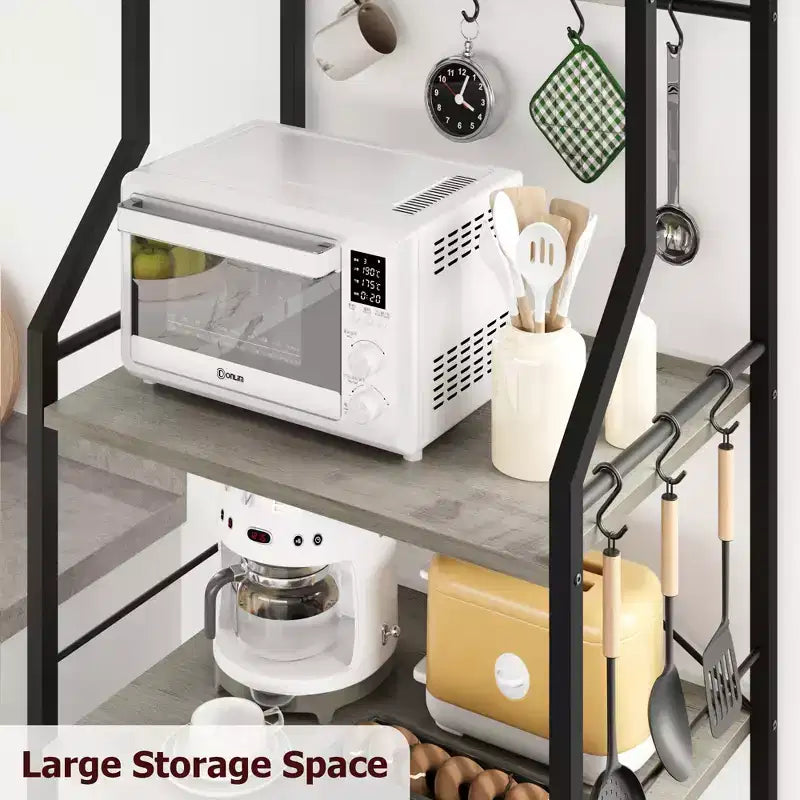 Scaffale da cucina a 5 ripiani indipendente con cestello in rete e piedini regolabili, nero/marrone/grigio