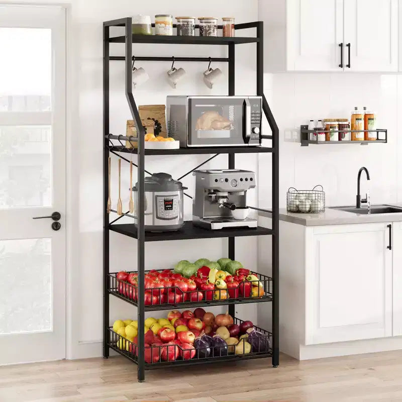 Scaffale da cucina a 5 ripiani indipendente con cestello in rete e piedini regolabili, nero/marrone/grigio