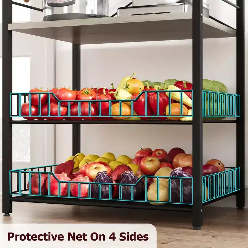 Scaffale da cucina a 5 ripiani indipendente con cestello in rete e piedini regolabili, nero/marrone/grigio