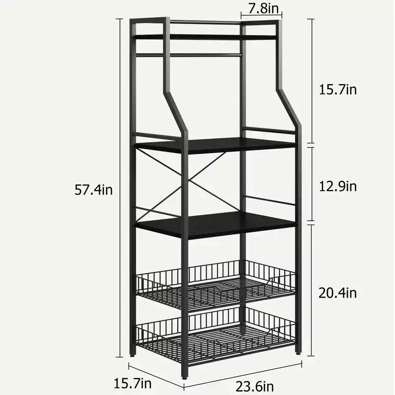 Scaffale da cucina a 5 ripiani indipendente con cestello in rete e piedini regolabili, nero/marrone/grigio