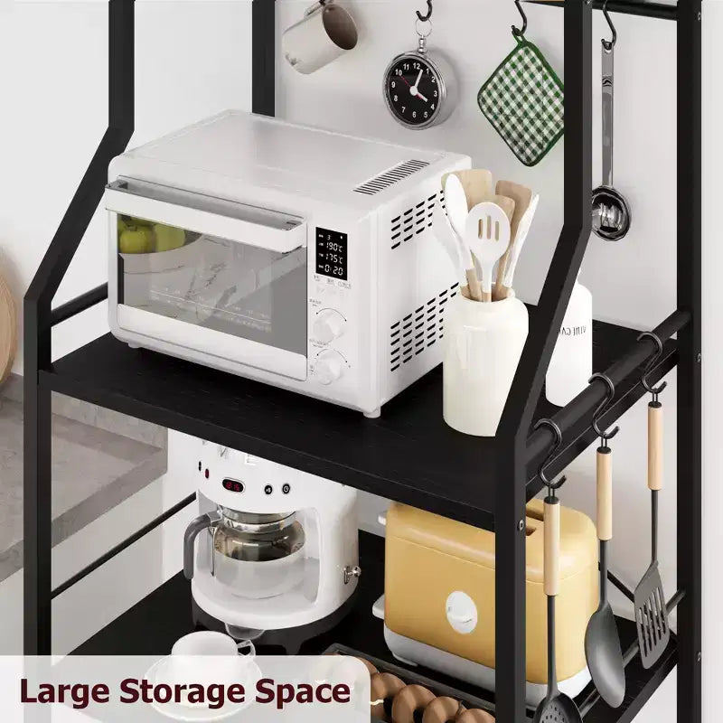 Scaffale da cucina a 5 ripiani indipendente con cestello in rete e piedini regolabili, nero/marrone/grigio