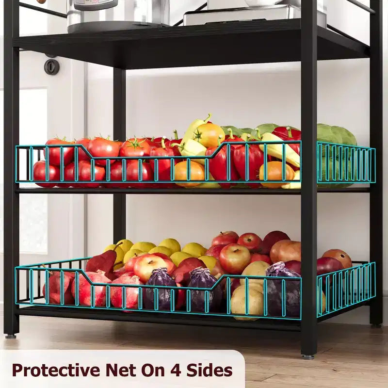 Scaffale da cucina a 5 ripiani indipendente con cestello in rete e piedini regolabili, nero/marrone/grigio