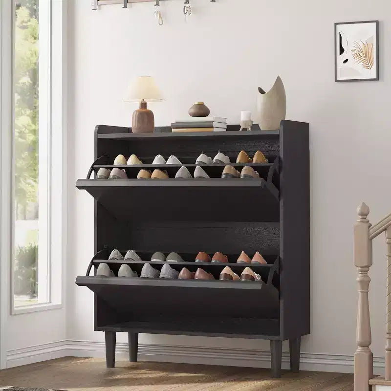 Scarpiera a ribalta a 2 cassetti con ripiano regolabile – Bianco antico / Nero / Grigio / Legno naturale, Contiene 24 paia