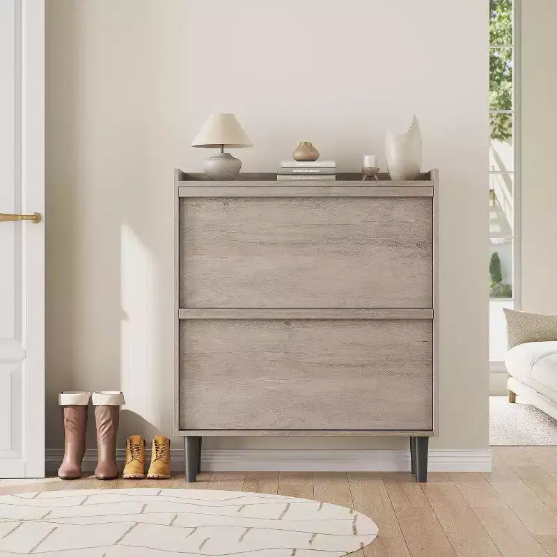 Scarpiera a ribalta a 2 cassetti con ripiano regolabile – Bianco antico / Nero / Grigio / Legno naturale, Contiene 24 paia