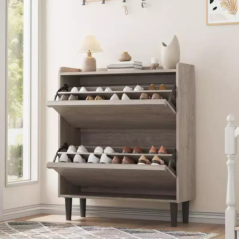 Scarpiera a ribalta a 2 cassetti con ripiano regolabile – Bianco antico / Nero / Grigio / Legno naturale, Contiene 24 paia