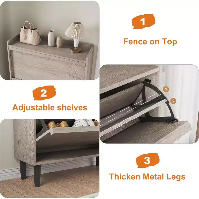Scarpiera a ribalta a 2 cassetti con ripiano regolabile – Bianco antico / Nero / Grigio / Legno naturale, Contiene 24 paia