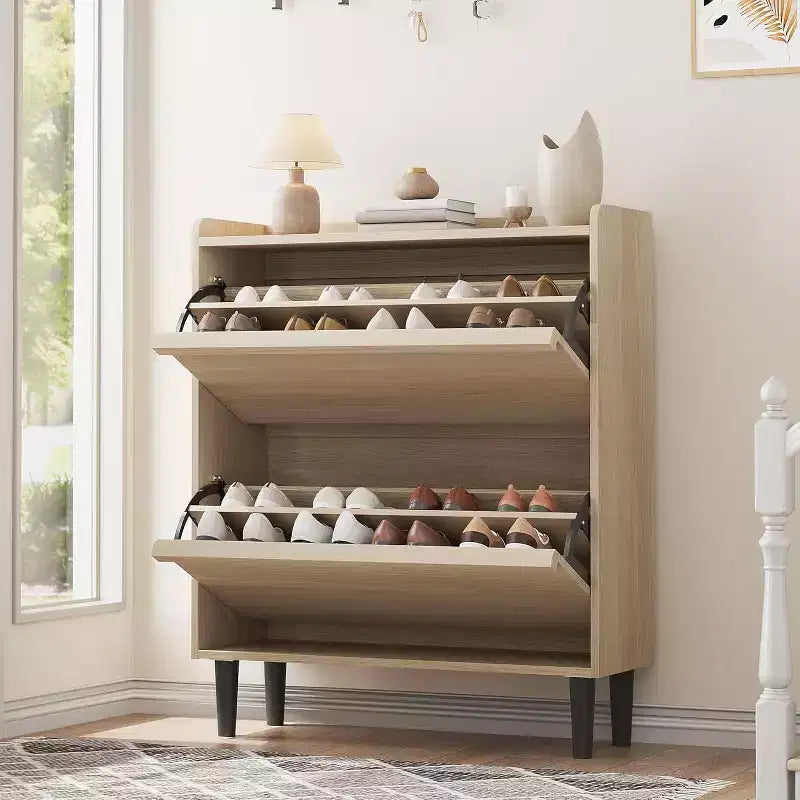 Scarpiera a ribalta a 2 cassetti con ripiano regolabile – Bianco antico / Nero / Grigio / Legno naturale, Contiene 24 paia