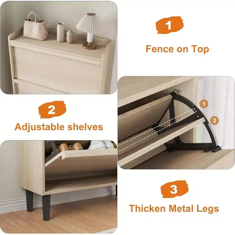 Scarpiera a ribalta a 2 cassetti con ripiano regolabile – Bianco antico / Nero / Grigio / Legno naturale, Contiene 24 paia