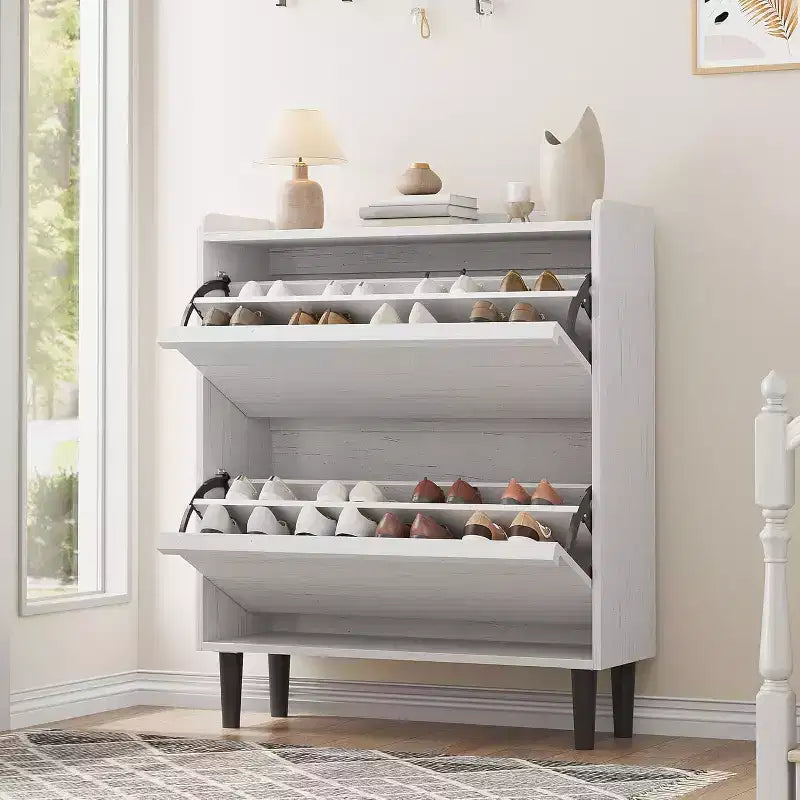 Scarpiera a ribalta a 2 cassetti con ripiano regolabile – Bianco antico / Nero / Grigio / Legno naturale, Contiene 24 paia