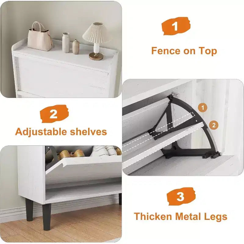 Scarpiera a ribalta a 2 cassetti con ripiano regolabile – Bianco antico / Nero / Grigio / Legno naturale, Contiene 24 paia