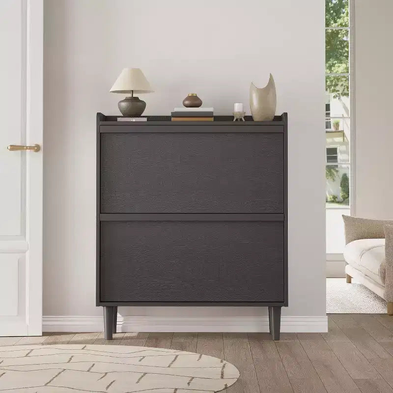 Scarpiera a ribalta a 2 cassetti con ripiano regolabile – Bianco antico / Nero / Grigio / Legno naturale, Contiene 24 paia