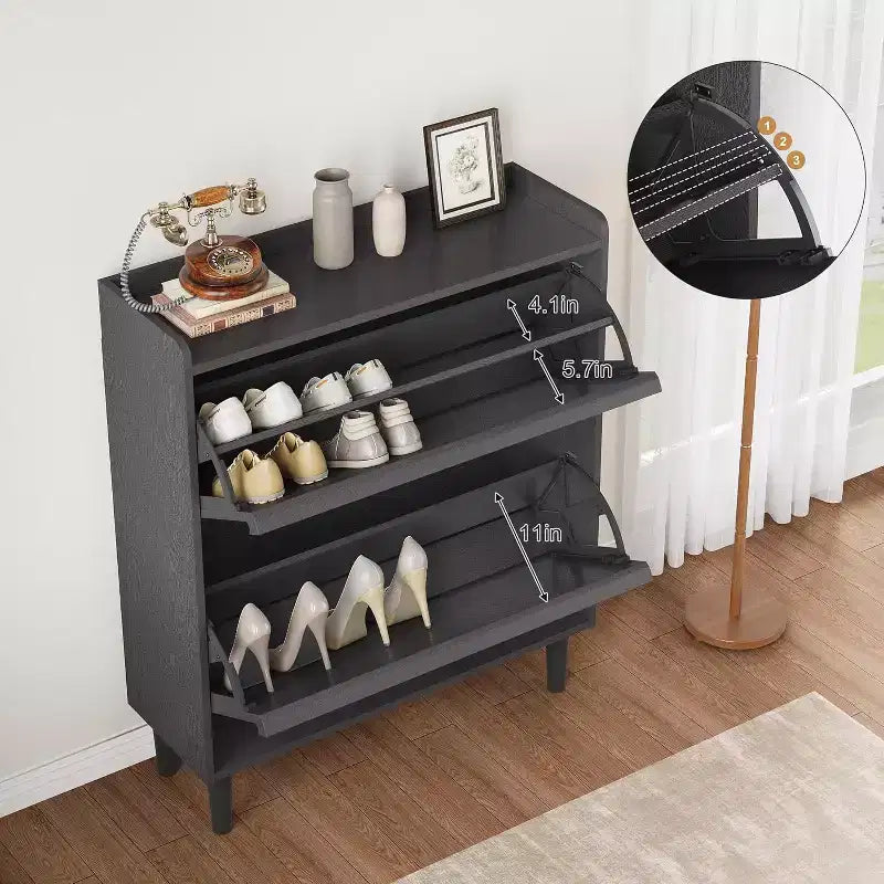 Scarpiera a ribalta a 2 cassetti con ripiano regolabile – Bianco antico / Nero / Grigio / Legno naturale, Contiene 24 paia