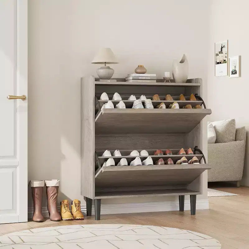 Scarpiera a ribalta a 2 cassetti con ripiano regolabile – Bianco antico / Nero / Grigio / Legno naturale, Contiene 24 paia
