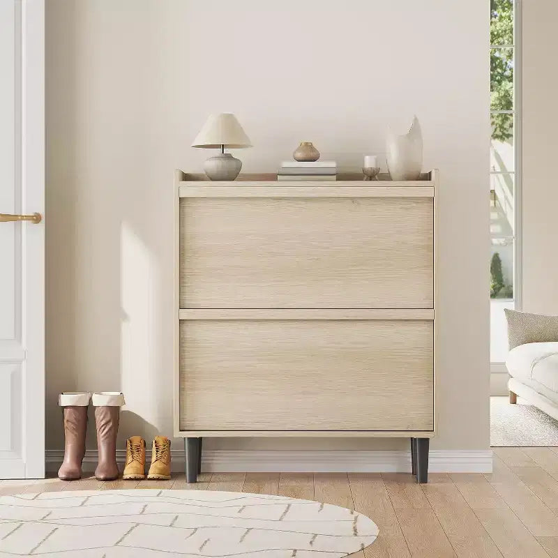 Scarpiera a ribalta a 2 cassetti con ripiano regolabile – Bianco antico / Nero / Grigio / Legno naturale, Contiene 24 paia