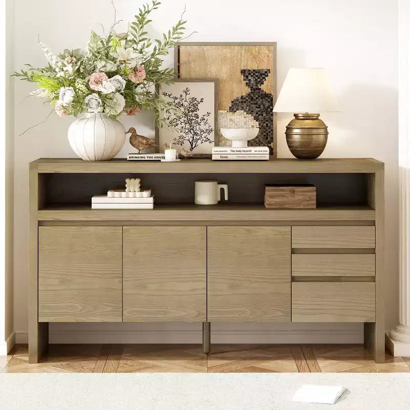 Credenza a 3 ante e 3 cassetti con ripiano semichiuso, color naturale/blu marino