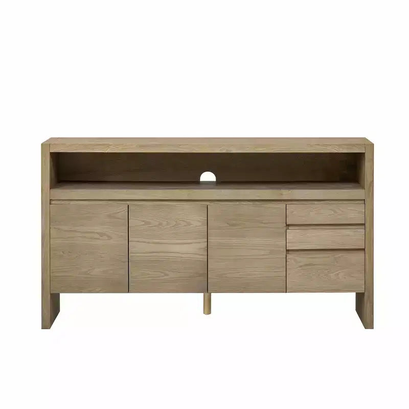 Credenza a 3 ante e 3 cassetti con ripiano semichiuso, color naturale/blu marino