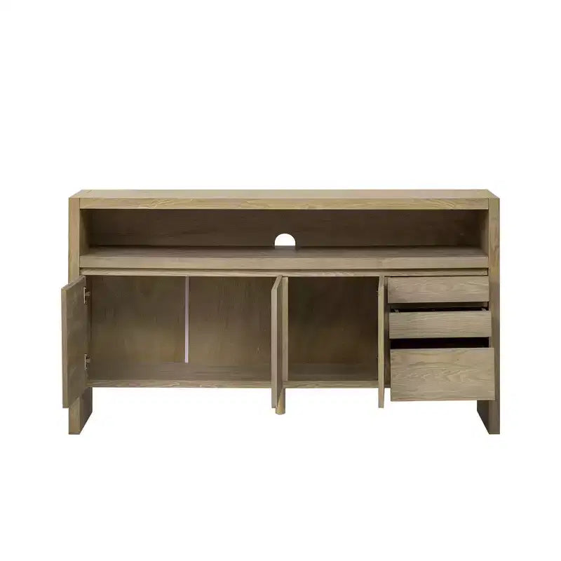 Credenza a 3 ante e 3 cassetti con ripiano semichiuso, color naturale/blu marino