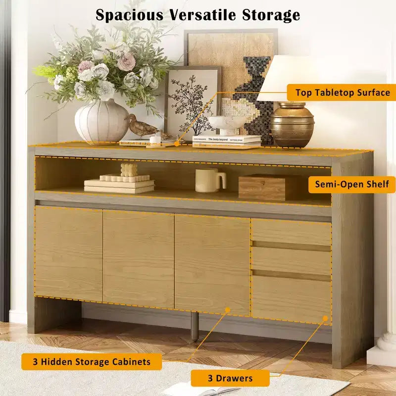 Credenza a 3 ante e 3 cassetti con ripiano semichiuso, color naturale/blu marino