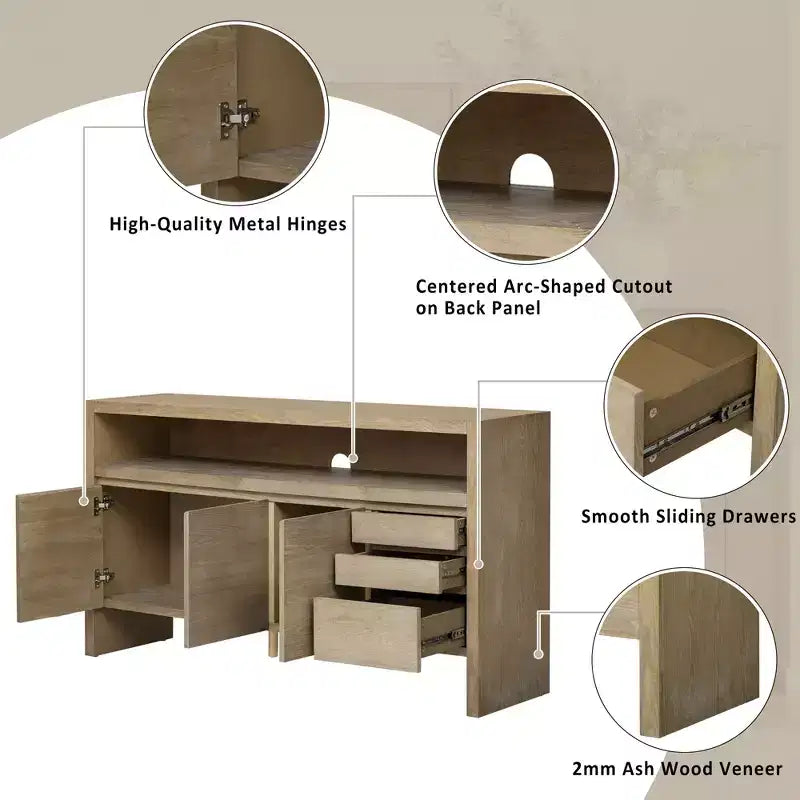 Credenza a 3 ante e 3 cassetti con ripiano semichiuso, color naturale/blu marino