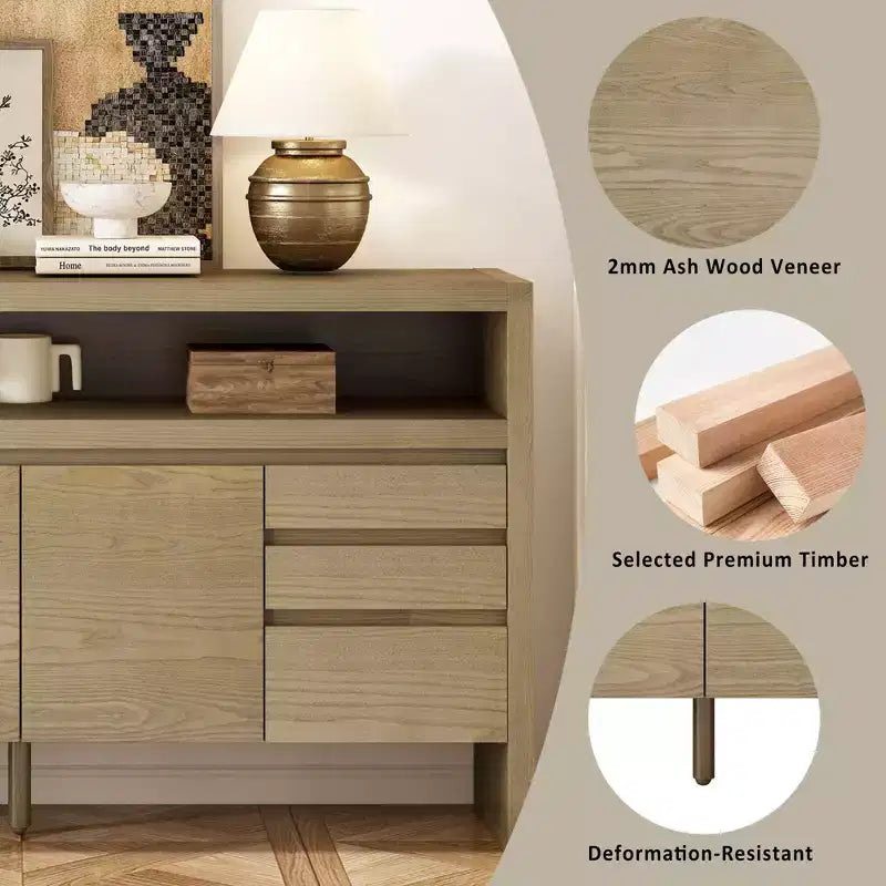 Credenza a 3 ante e 3 cassetti con ripiano semichiuso, color naturale/blu marino