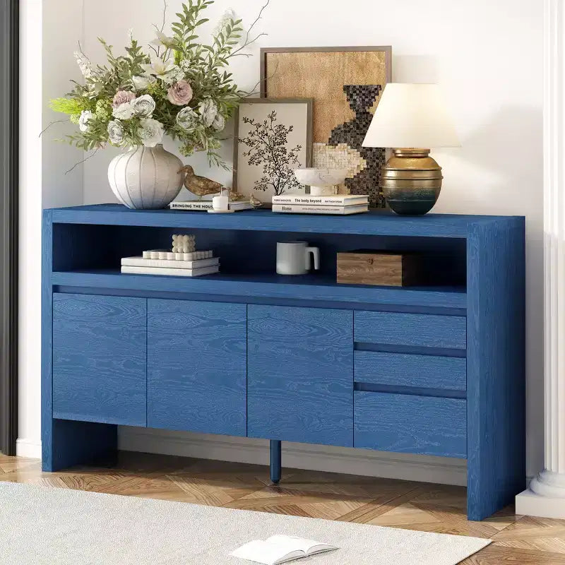 Credenza a 3 ante e 3 cassetti con ripiano semichiuso, color naturale/blu marino