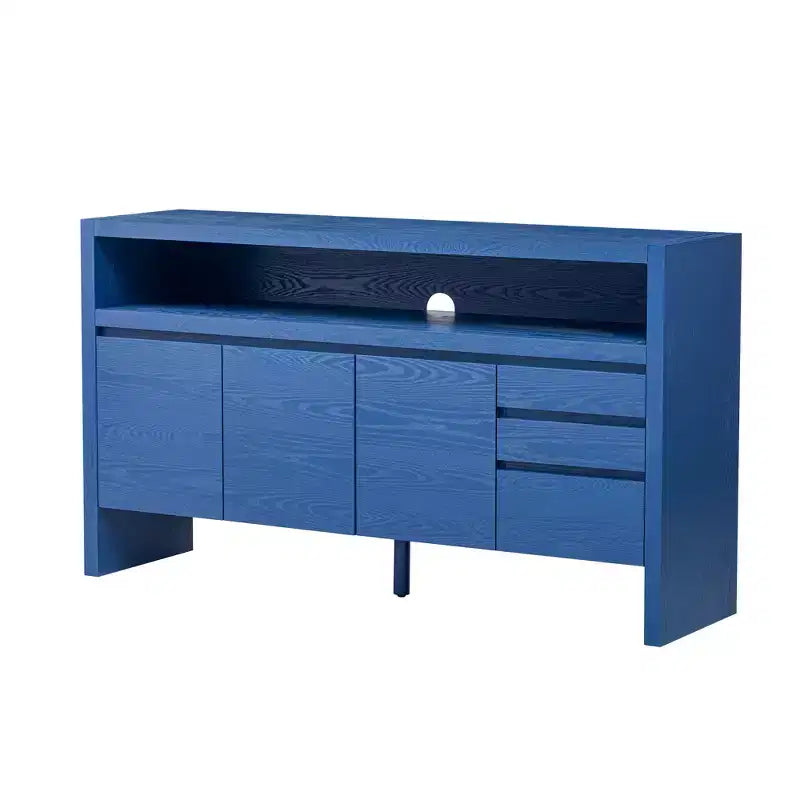 Credenza a 3 ante e 3 cassetti con ripiano semichiuso, color naturale/blu marino