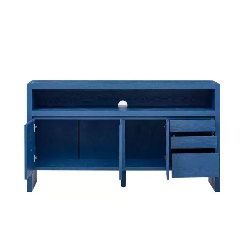 Credenza a 3 ante e 3 cassetti con ripiano semichiuso, color naturale/blu marino