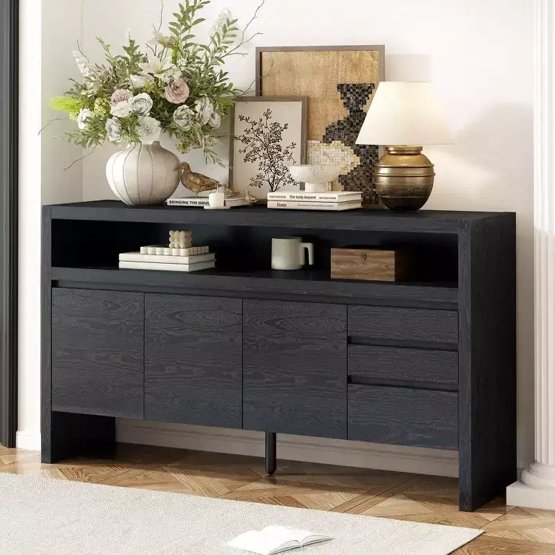 Credenza a 3 ante e 3 cassetti con ripiano semichiuso, color naturale/blu marino