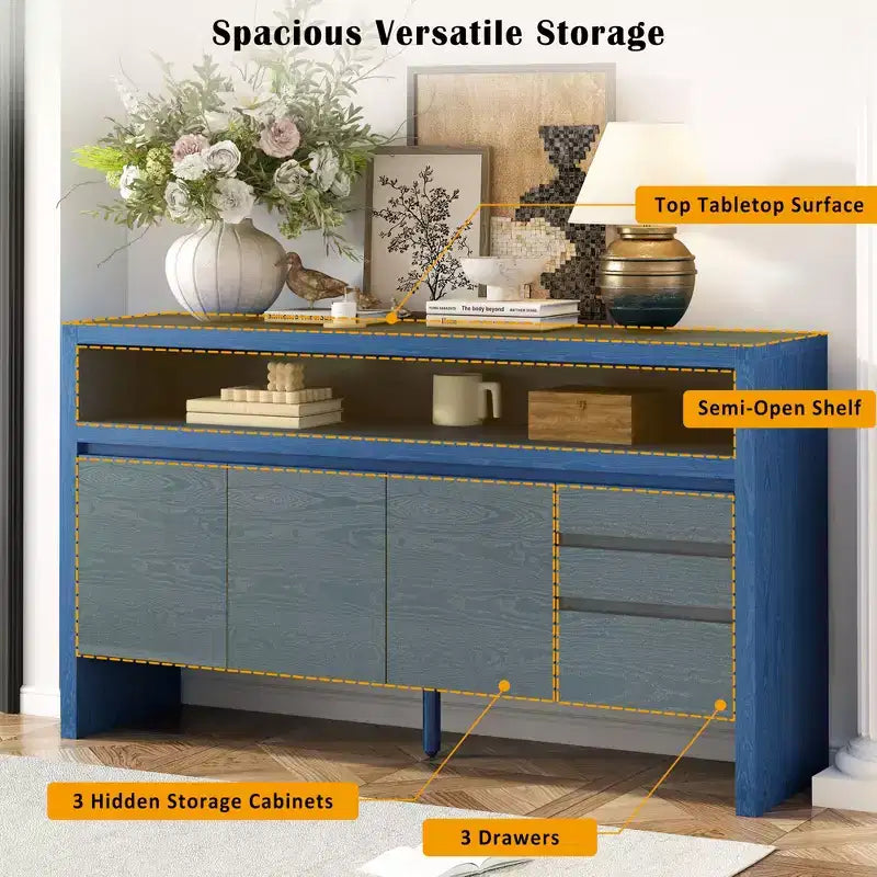Credenza a 3 ante e 3 cassetti con ripiano semichiuso, color naturale/blu marino