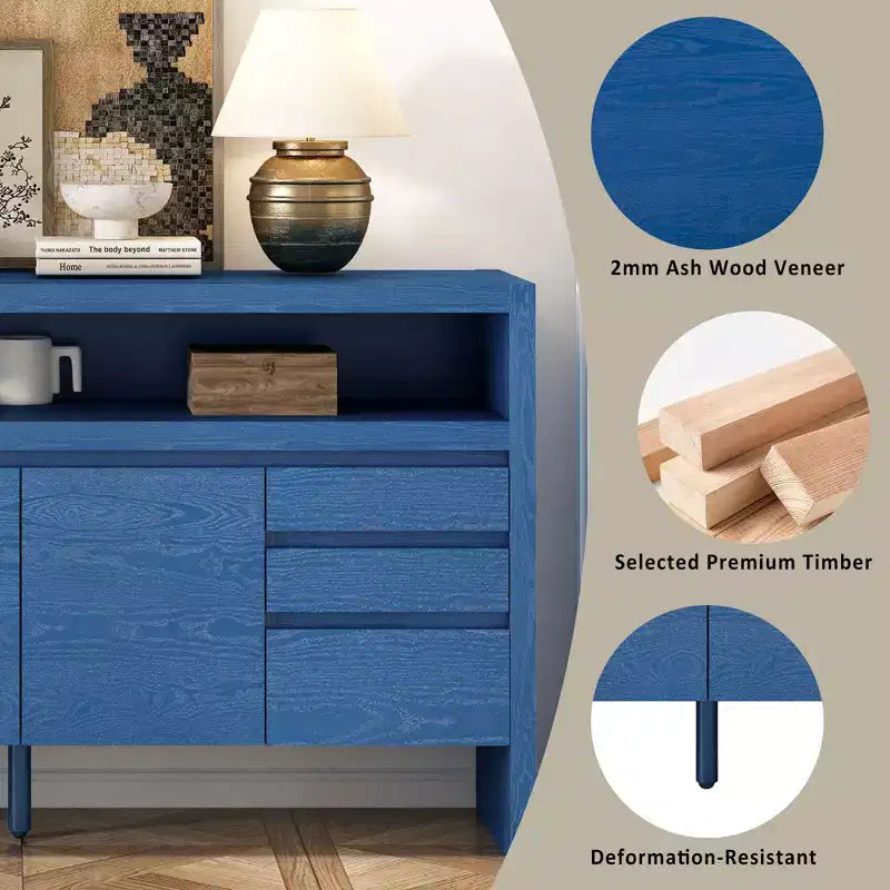 Credenza a 3 ante e 3 cassetti con ripiano semichiuso, color naturale/blu marino
