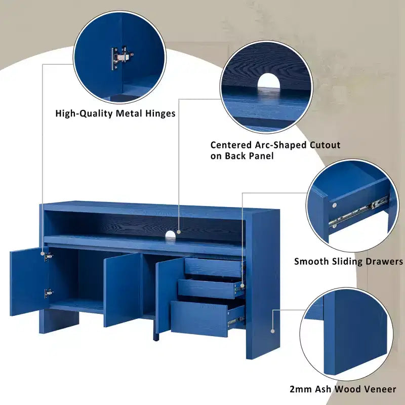 Credenza a 3 ante e 3 cassetti con ripiano semichiuso, color naturale/blu marino