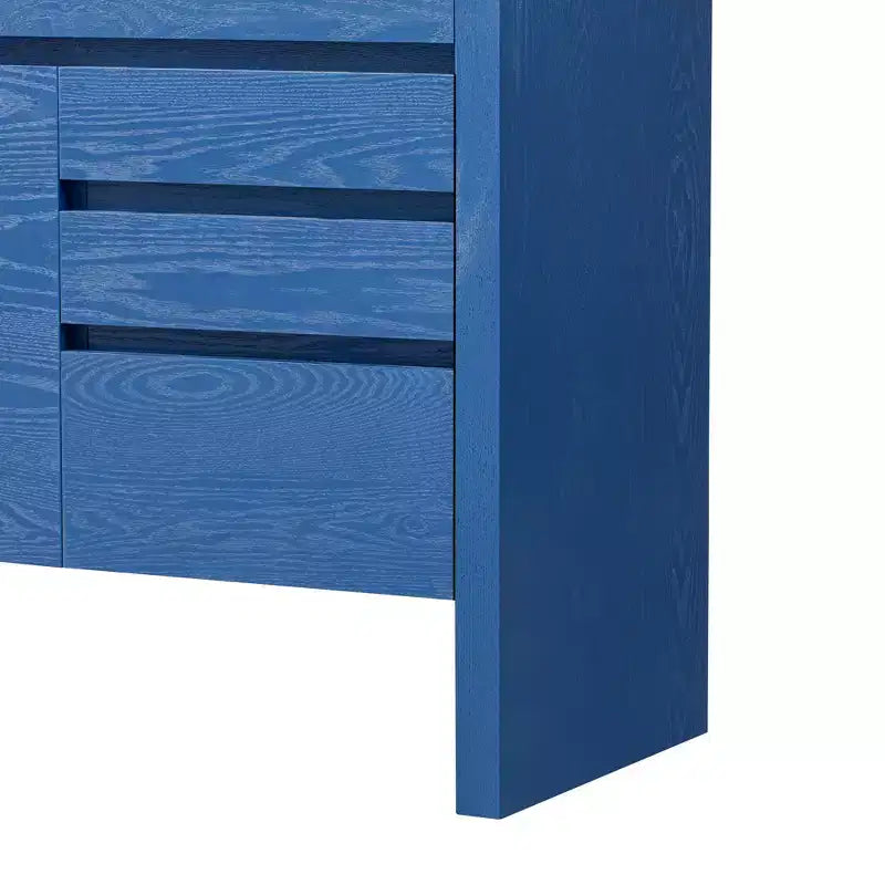 Credenza a 3 ante e 3 cassetti con ripiano semichiuso, color naturale/blu marino