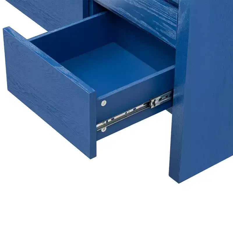 Credenza a 3 ante e 3 cassetti con ripiano semichiuso, color naturale/blu marino