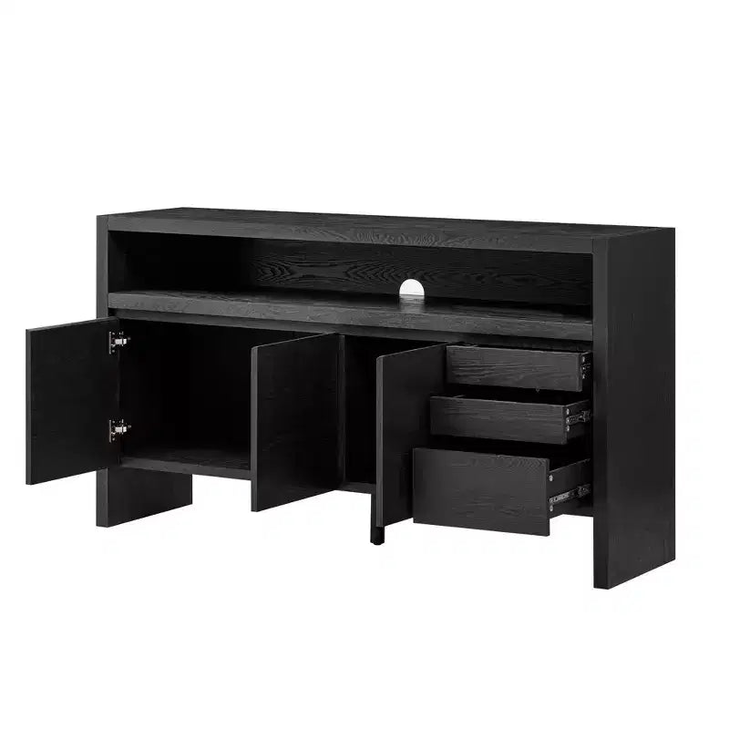 Credenza a 3 ante e 3 cassetti con ripiano semichiuso, color naturale/blu marino