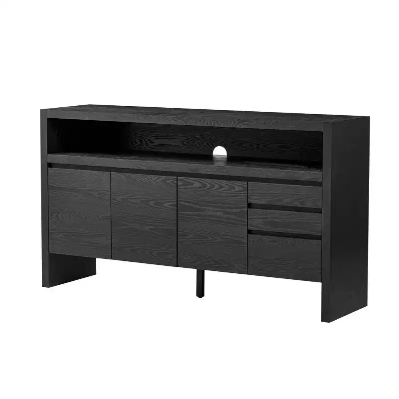 Credenza a 3 ante e 3 cassetti con ripiano semichiuso, color naturale/blu marino