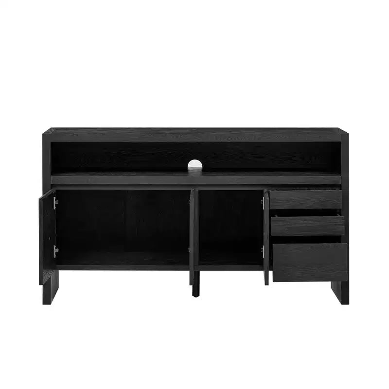 Credenza a 3 ante e 3 cassetti con ripiano semichiuso, color naturale/blu marino