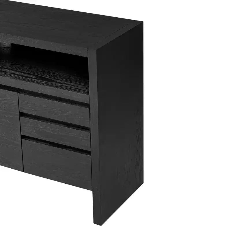 Credenza a 3 ante e 3 cassetti con ripiano semichiuso, color naturale/blu marino
