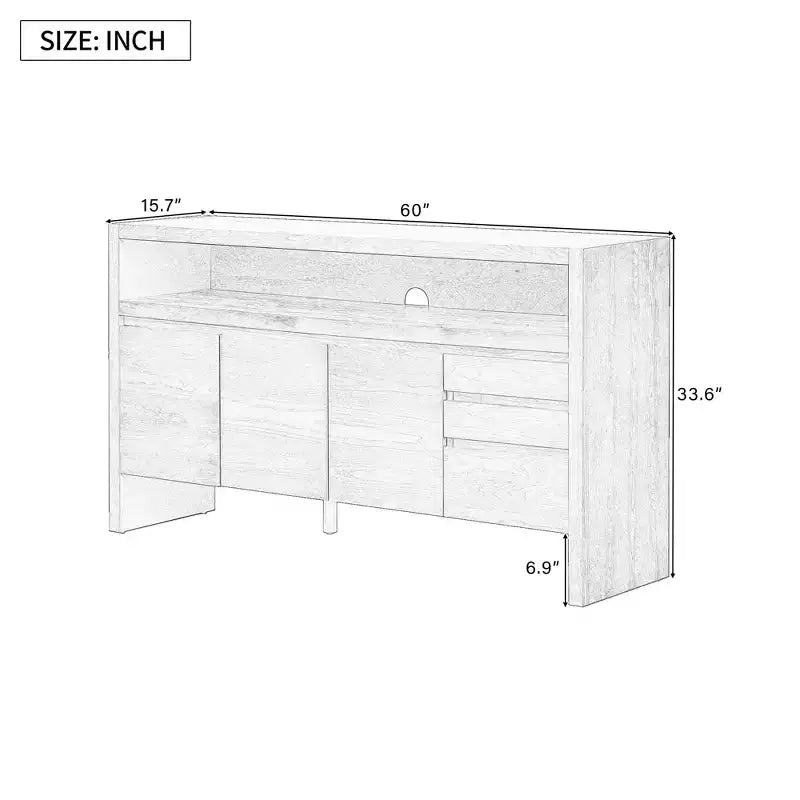 Credenza a 3 ante e 3 cassetti con ripiano semichiuso, color naturale/blu marino