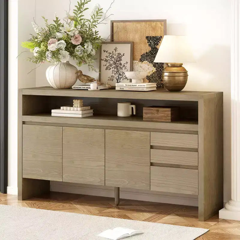Credenza a 3 ante e 3 cassetti con ripiano semichiuso, color naturale/blu marino