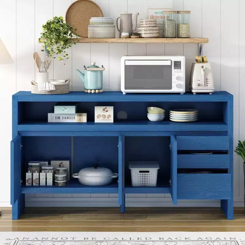 Credenza a 3 ante e 3 cassetti con ripiano semichiuso, color naturale/blu marino