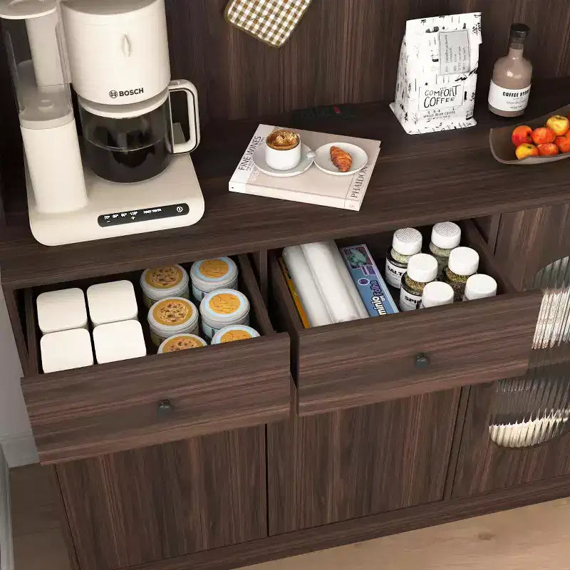 Mobile dispensa da cucina in legno nero/noce con ante in vetro e base per microonde, 3 ante