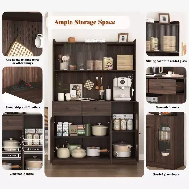 Mobile dispensa da cucina in legno nero/noce con ante in vetro e base per microonde, 3 ante