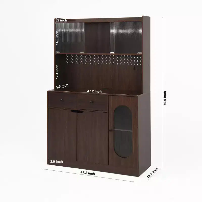 Mobile dispensa da cucina in legno nero/noce con ante in vetro e base per microonde, 3 ante