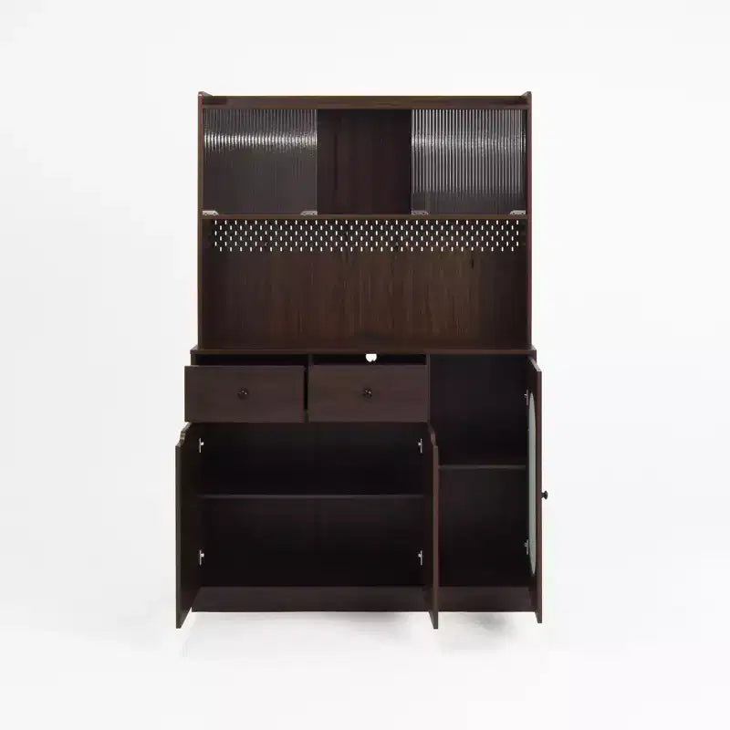 Mobile dispensa da cucina in legno nero/noce con ante in vetro e base per microonde, 3 ante