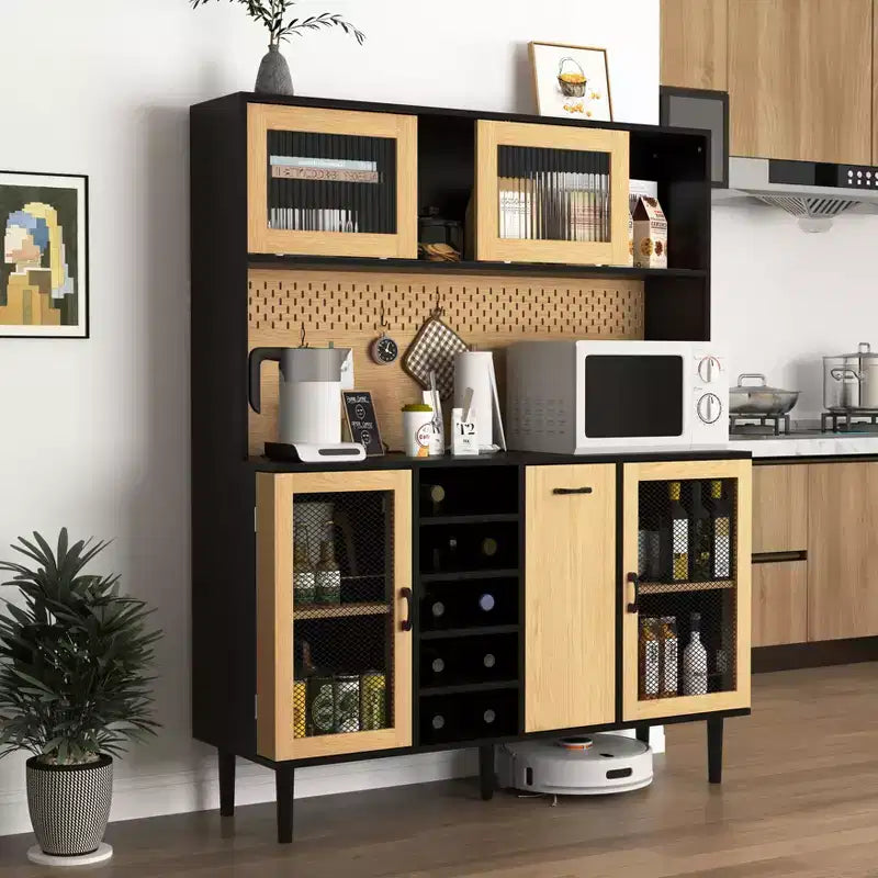 Mobile dispensa da cucina in legno nero/noce con ante in vetro e base per microonde, 3 ante