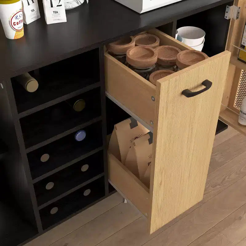 Mobile dispensa da cucina in legno nero/noce con ante in vetro e base per microonde, 3 ante